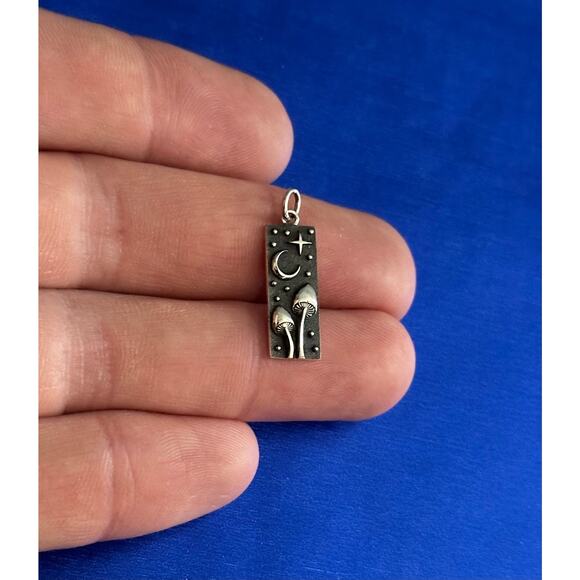 Sterling Silver Rectangle Mushroom and Moon Charm,  Mushroom Moon Stars Pendant - Picture 1 of 8